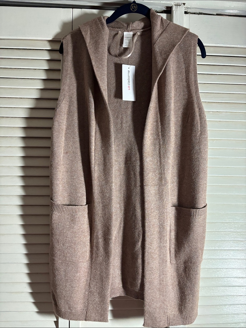 NWT Hooded Open-Front Long Vest in Taupe
